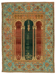 An example, from the late 1500s, of a prayer-rug, not unlike the sort our author would have used and had in mind in writing this passage. 