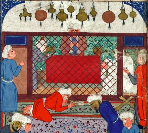“Prayers in a Mosque” Miniature from Kulliyat-i Mawlana Ahli Shirazi (Collected Works of Mawlana Ahli Shirazi) Shiraz, Iran; c. 1550