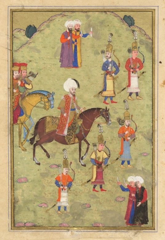 Sultan Murad III (r1574-1595) on Horseback (painting recto text verso) illustrated folio from a manuscript of the Javahir al-Gharaib Tarjomat Bahr al-Ajaib (Gems of Marvels- A Translation of the Sea of Wonders) of Jennabi (Cennabi)